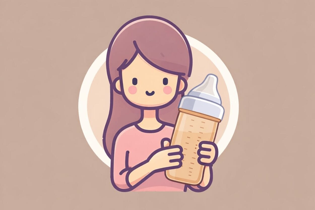 Cartoon illustration of a woman with long brown hair holding a Hegen baby bottle filled with liquid, set against a beige background.
