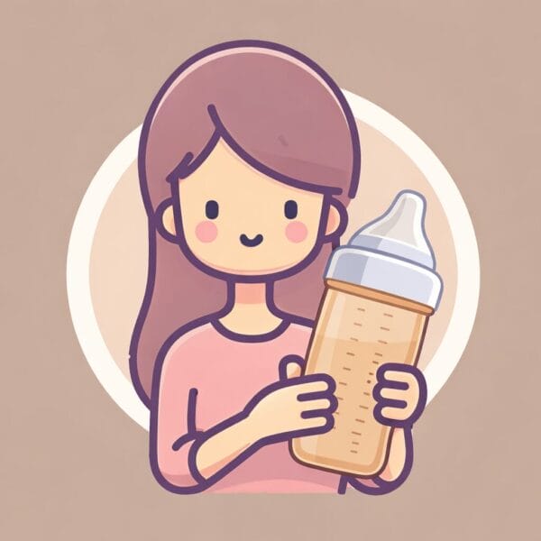 Cartoon illustration of a woman with long brown hair holding a Hegen baby bottle filled with liquid, set against a beige background.
